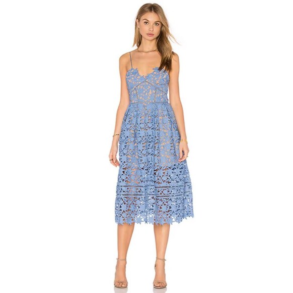 Self-Portrait Midi Dress Womens Size 2 Light Blue Lined Crochet 3D The Azaelea - Picture 1 of 9